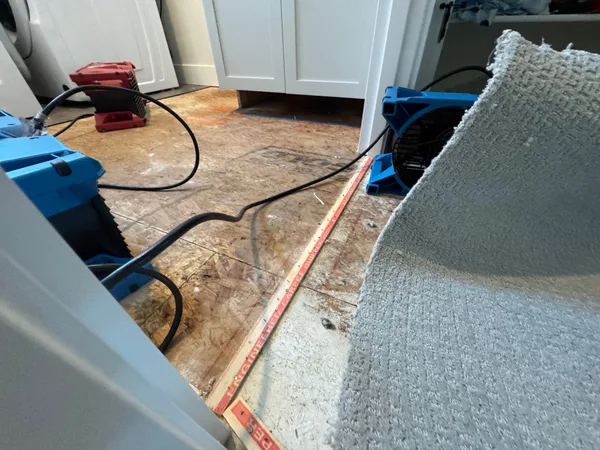 Laundry leak water damage flooring removed