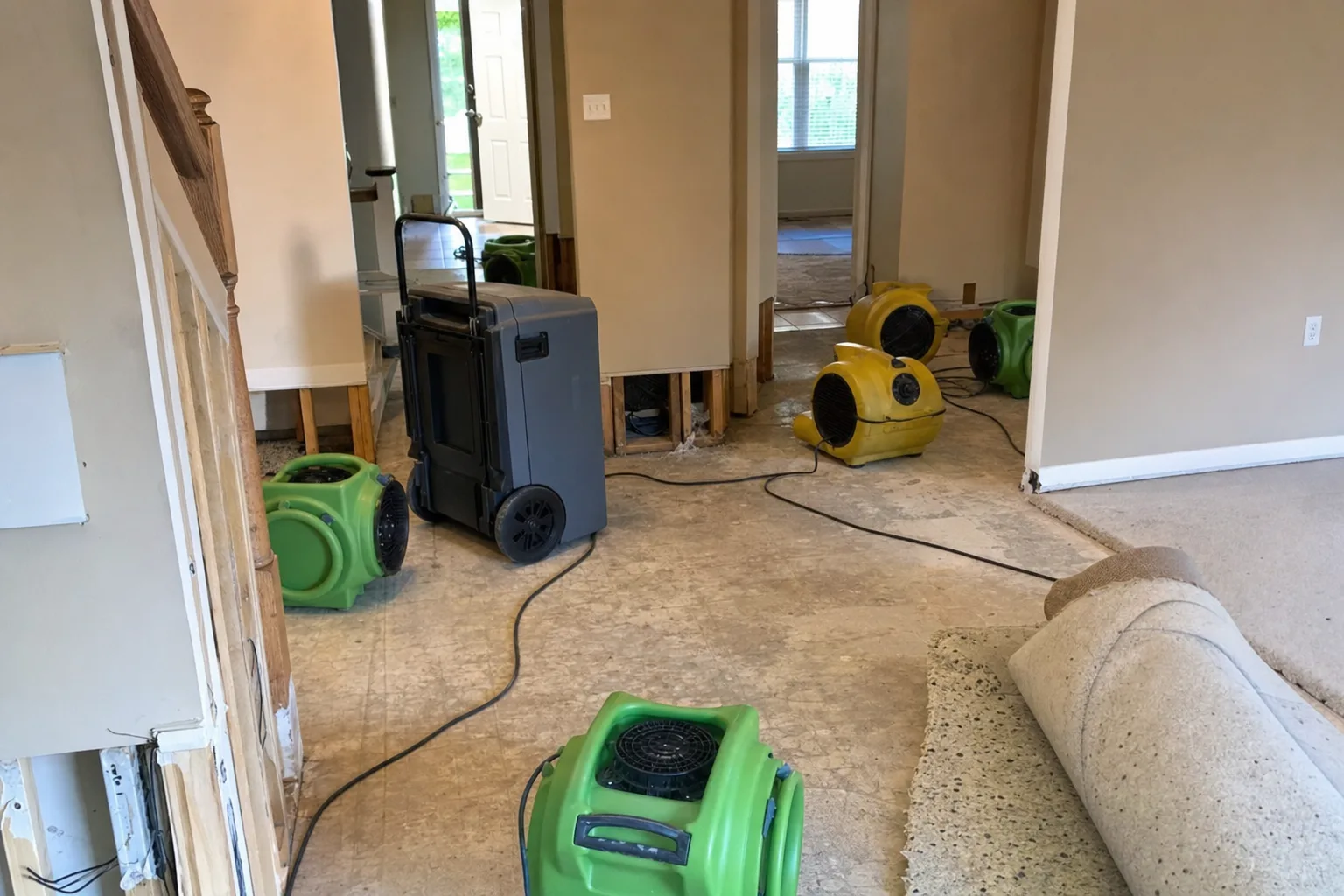 Structural drying setup with air movers and dehumidifier during water damage restoration